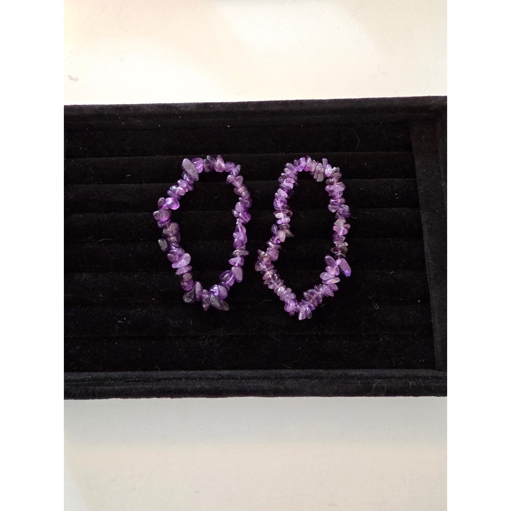 Set of 2 Amethyst Chip Bead Stretch Bracelets Natural Purple Stone Boho Jewelry